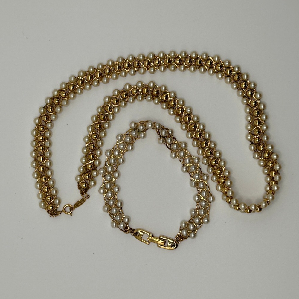 Napier Vintage Faux Pearl Gold Tone Woven Mesh Necklace and Bracelet Set
